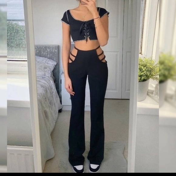 New Zaful High Waist Flare Ladder Cut Out Pants in black -‎ M - Picture 7 of 7